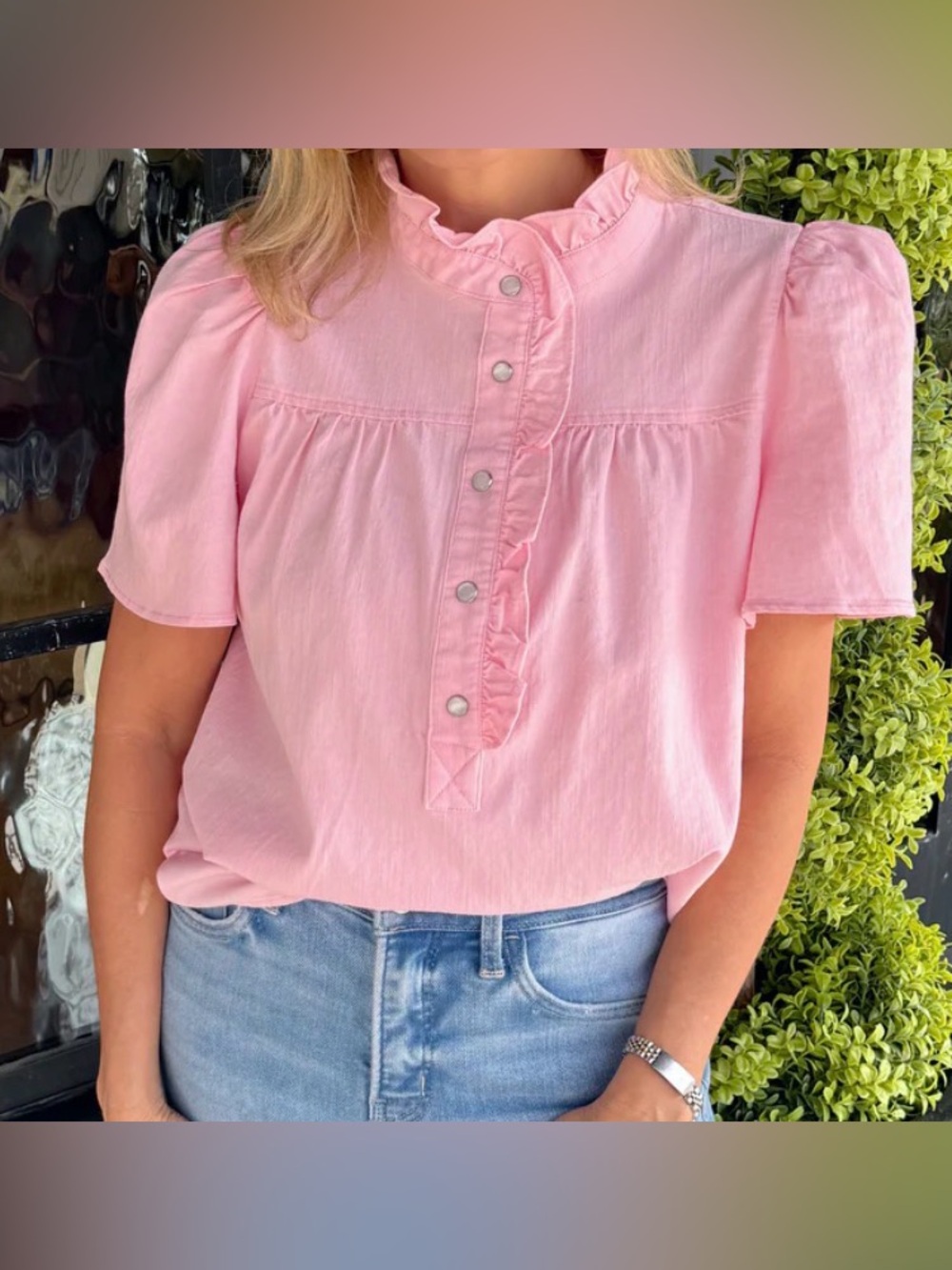 NWT Pink Ruffle Denim Button-Up Blouse